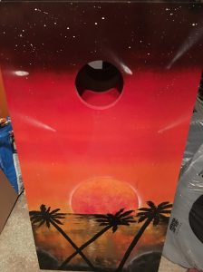 tropical sunset handpainted cornhole board