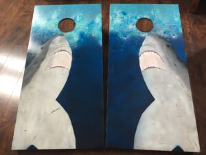 great white shark handpainted cornhole boards