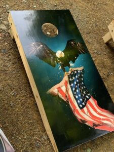 bald eagle with American flag cornhole board